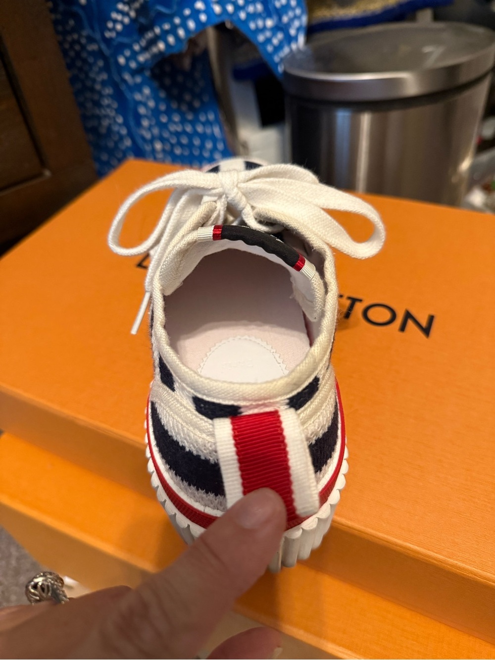 Christian Louboutin Navy & White Striped Low-Top Sneakers with Red Trim - Picture 13 of 15